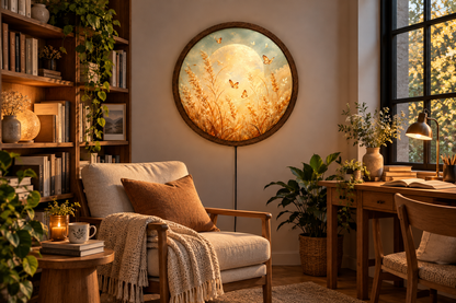 Golden Butterfly Moon LED Wall Art, Round Illuminated Floral Meadow Decor, Boho Nature Wall Light, Rustic Bedroom Living Room Gift