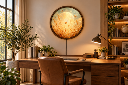 Golden Butterfly Moon LED Wall Art, Round Illuminated Floral Meadow Decor, Boho Nature Wall Light, Rustic Bedroom Living Room Gift
