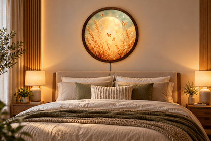 Golden Butterfly Moon LED Wall Art, Round Illuminated Floral Meadow Decor, Boho Nature Wall Light, Rustic Bedroom Living Room Gift