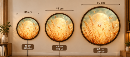 Golden Butterfly Moon LED Wall Art, Round Illuminated Floral Meadow Decor, Boho Nature Wall Light, Rustic Bedroom Living Room Gift