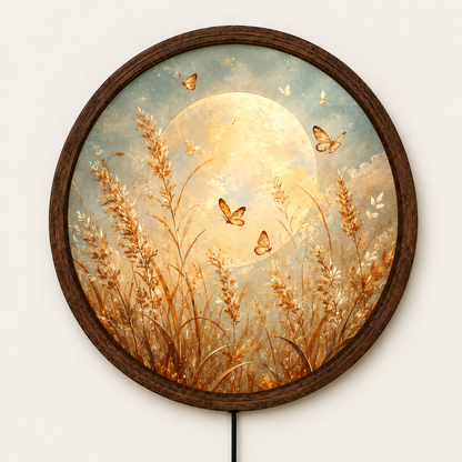Golden Butterfly Moon LED Wall Art, Round Illuminated Floral Meadow Decor, Boho Nature Wall Light, Rustic Bedroom Living Room Gift