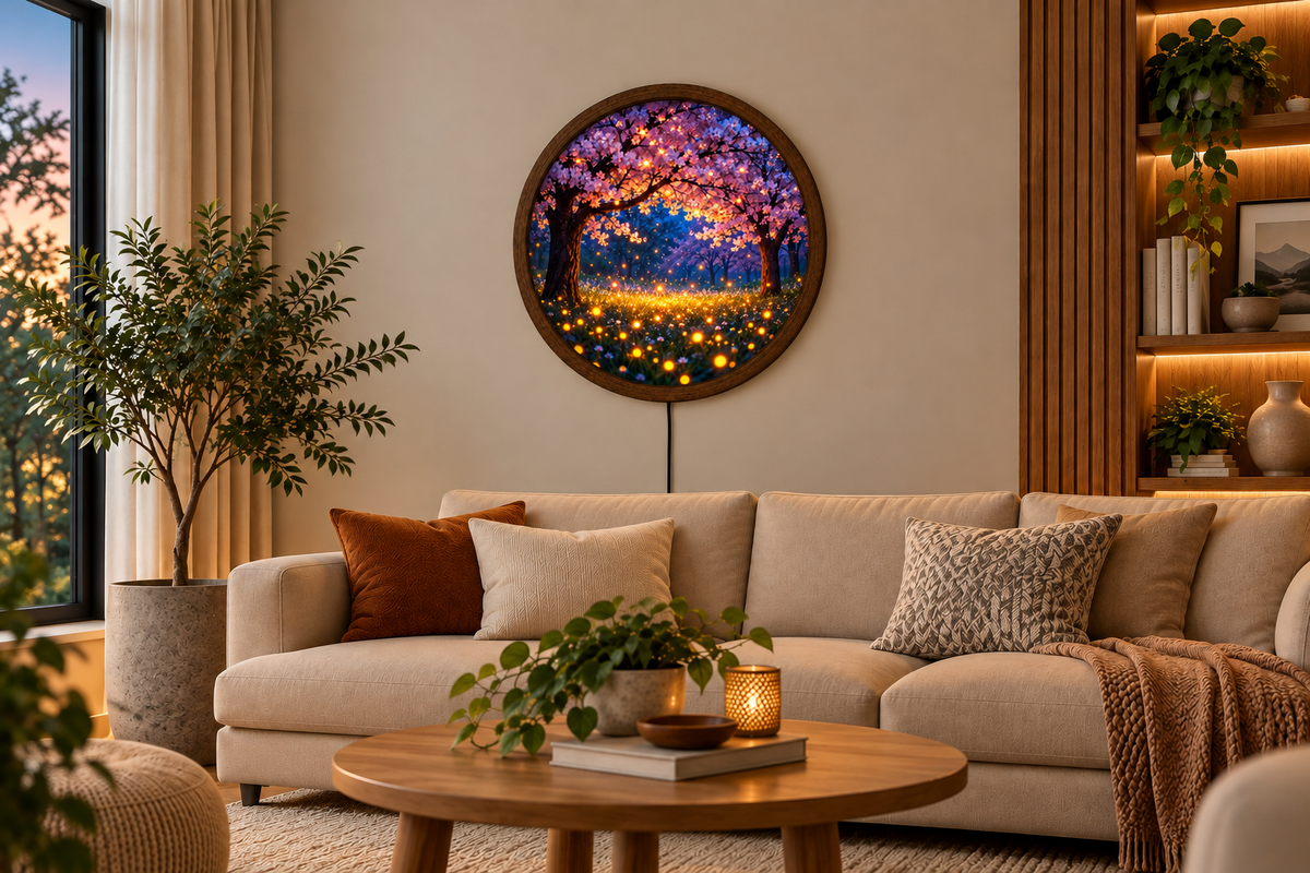 Cherry Blossom LED Wall Art, Glowing Firefly Forest Light, Round Illuminated Sakura Tree Decor, Fantasy Bedroom Wall Lamp