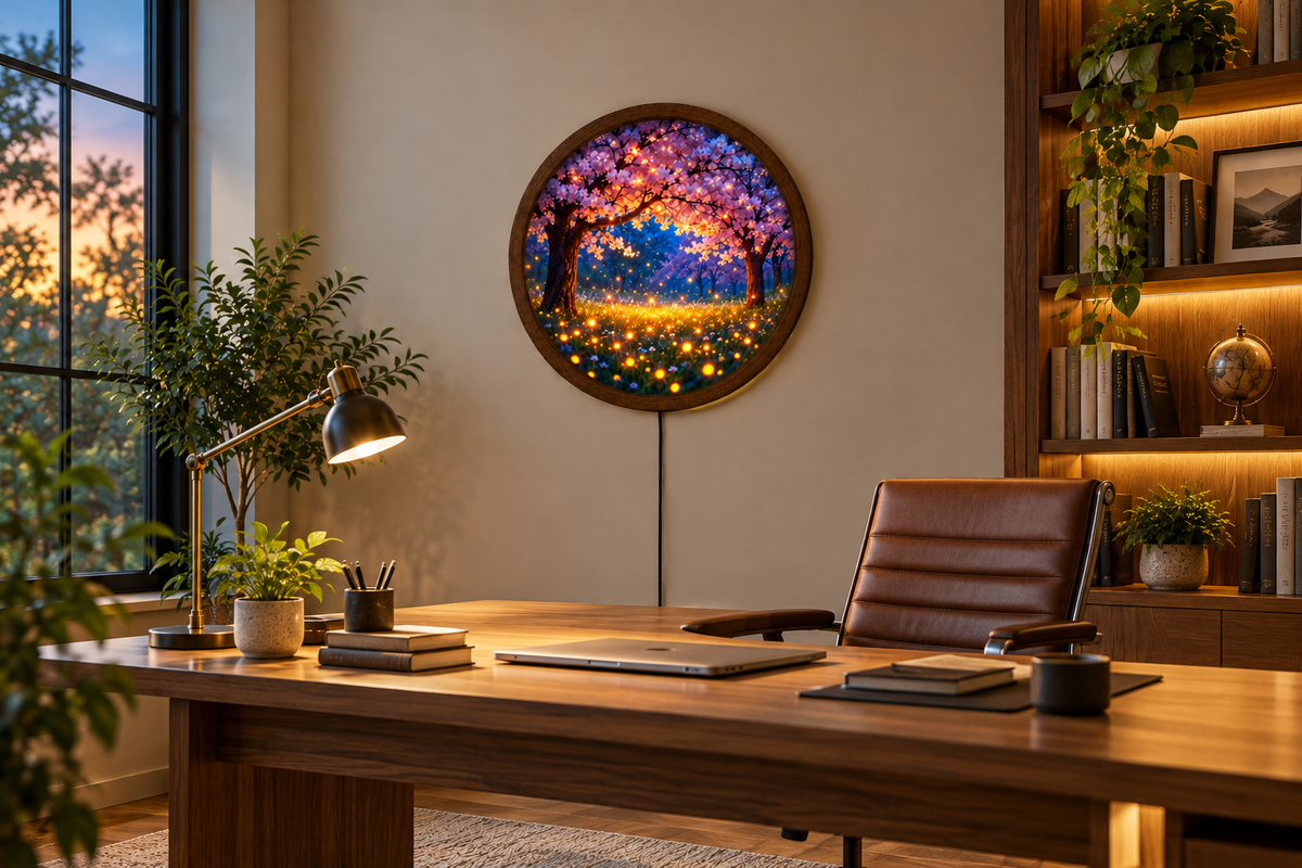 Cherry Blossom LED Wall Art, Glowing Firefly Forest Light, Round Illuminated Sakura Tree Decor, Fantasy Bedroom Wall Lamp
