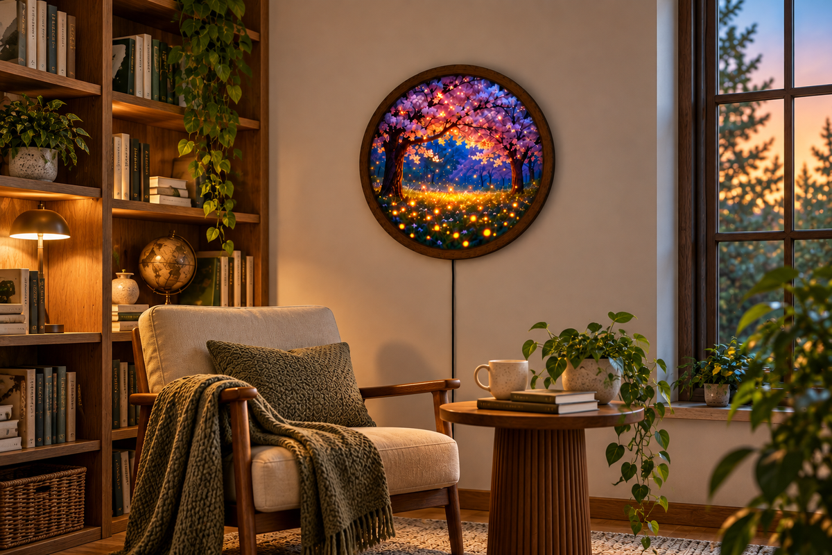 Cherry Blossom LED Wall Art, Glowing Firefly Forest Light, Round Illuminated Sakura Tree Decor, Fantasy Bedroom Wall Lamp