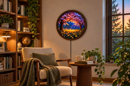 Cherry Blossom LED Wall Art, Glowing Firefly Forest Light, Round Illuminated Sakura Tree Decor, Fantasy Bedroom Wall Lamp