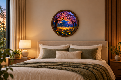 Cherry Blossom LED Wall Art, Glowing Firefly Forest Light, Round Illuminated Sakura Tree Decor, Fantasy Bedroom Wall Lamp