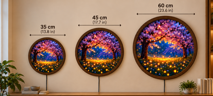 Cherry Blossom LED Wall Art, Glowing Firefly Forest Light, Round Illuminated Sakura Tree Decor, Fantasy Bedroom Wall Lamp