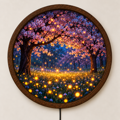 Cherry Blossom LED Wall Art, Glowing Firefly Forest Light, Round Illuminated Sakura Tree Decor, Fantasy Bedroom Wall Lamp