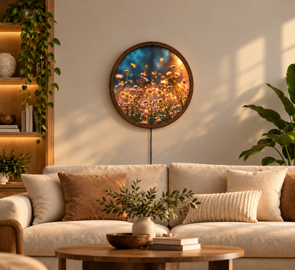 Wildflower Meadow LED Wall Art, Round Lighted Floral Wall Decor, Glowing Daisy Flower Art, Rustic Botanical Bedroom Living Room Decor