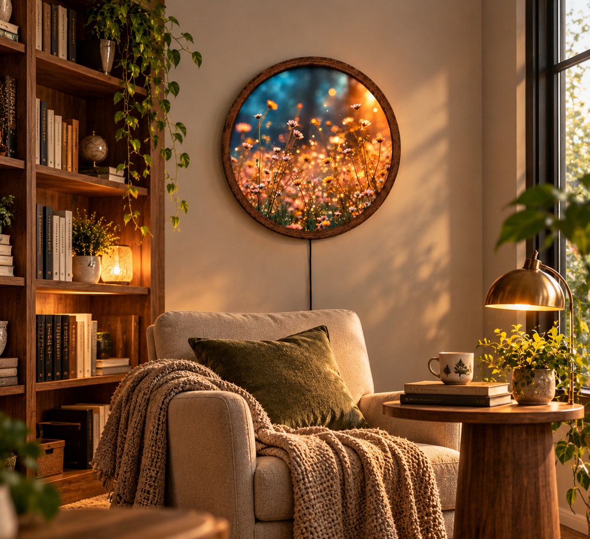 Wildflower Meadow LED Wall Art, Round Lighted Floral Wall Decor, Glowing Daisy Flower Art, Rustic Botanical Bedroom Living Room Decor