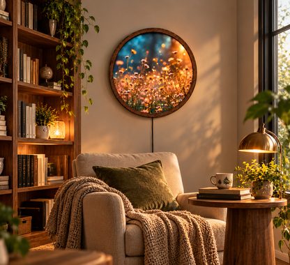 Wildflower Meadow LED Wall Art, Round Lighted Floral Wall Decor, Glowing Daisy Flower Art, Rustic Botanical Bedroom Living Room Decor