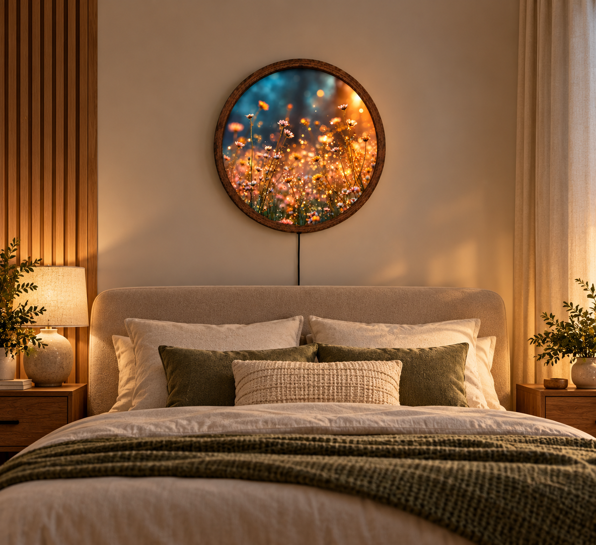 Wildflower Meadow LED Wall Art, Round Lighted Floral Wall Decor, Glowing Daisy Flower Art, Rustic Botanical Bedroom Living Room Decor