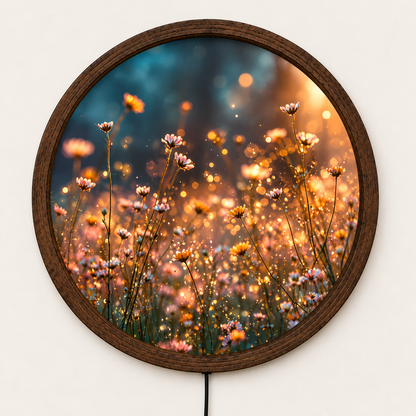 Wildflower Meadow LED Wall Art, Round Lighted Floral Wall Decor, Glowing Daisy Flower Art, Rustic Botanical Bedroom Living Room Decor
