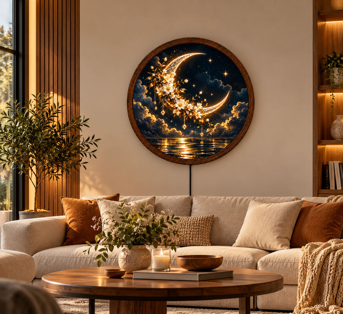Crescent Moon LED Wall Art, Glowing Floral Moon Light, Round Celestial Wall Decor, Fantasy Night Sky Bedroom Living Room Decor