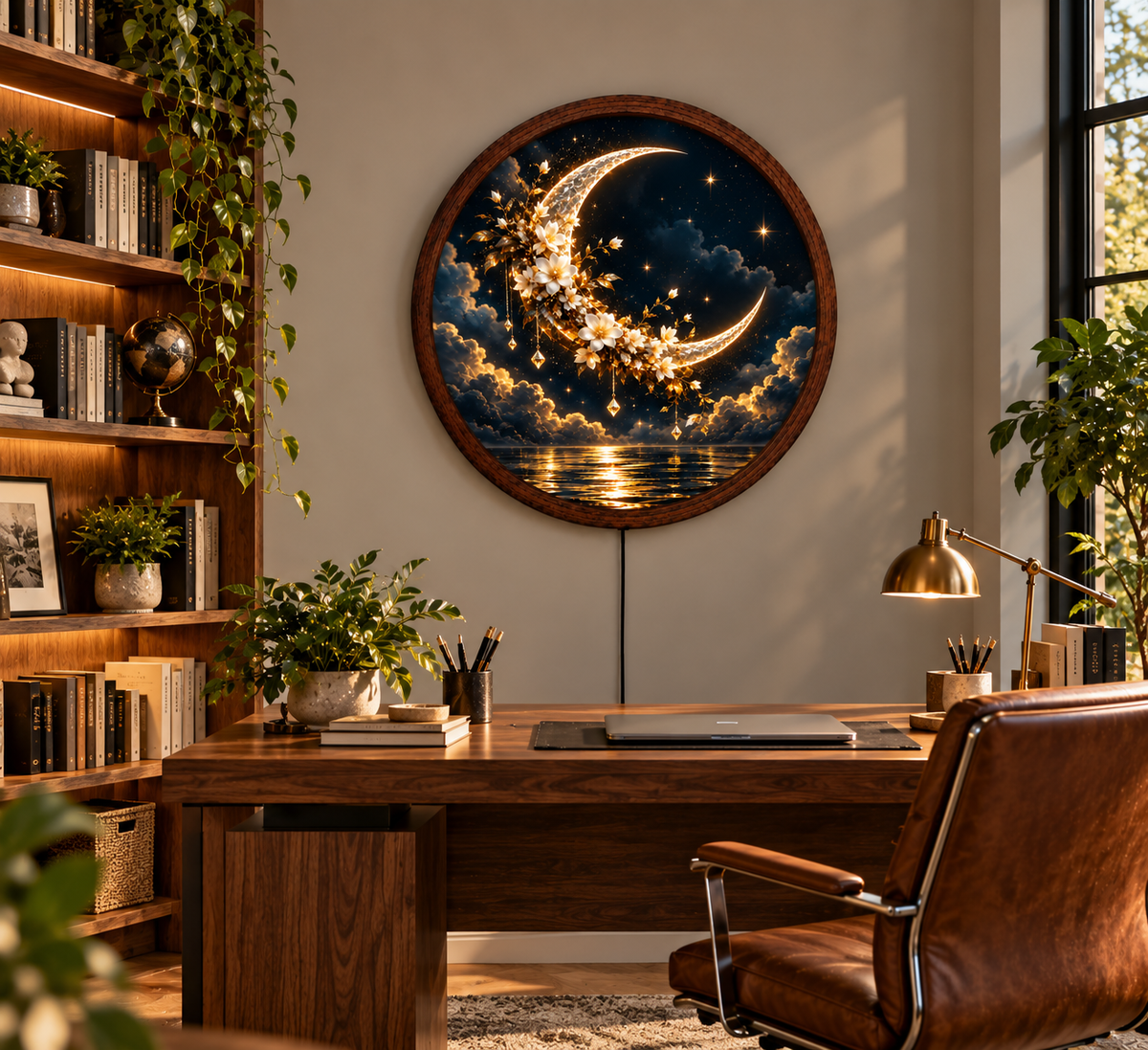 Crescent Moon LED Wall Art, Glowing Floral Moon Light, Round Celestial Wall Decor, Fantasy Night Sky Bedroom Living Room Decor