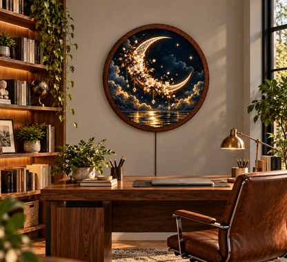 Crescent Moon LED Wall Art, Glowing Floral Moon Light, Round Celestial Wall Decor, Fantasy Night Sky Bedroom Living Room Decor