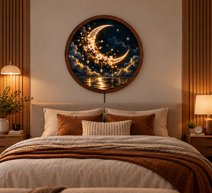 Crescent Moon LED Wall Art, Glowing Floral Moon Light, Round Celestial Wall Decor, Fantasy Night Sky Bedroom Living Room Decor
