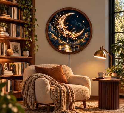 Crescent Moon LED Wall Art, Glowing Floral Moon Light, Round Celestial Wall Decor, Fantasy Night Sky Bedroom Living Room Decor