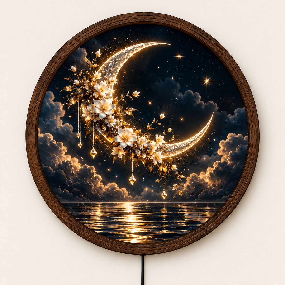Crescent Moon LED Wall Art, Glowing Floral Moon Light, Round Celestial Wall Decor, Fantasy Night Sky Bedroom Living Room Decor