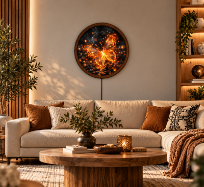 Glowing Butterfly LED Wall Art, Golden Butterfly Wall Light, Round Illuminated Butterfly Decor, Fantasy Bedroom Living Room Art