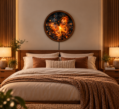 Glowing Butterfly LED Wall Art, Golden Butterfly Wall Light, Round Illuminated Butterfly Decor, Fantasy Bedroom Living Room Art
