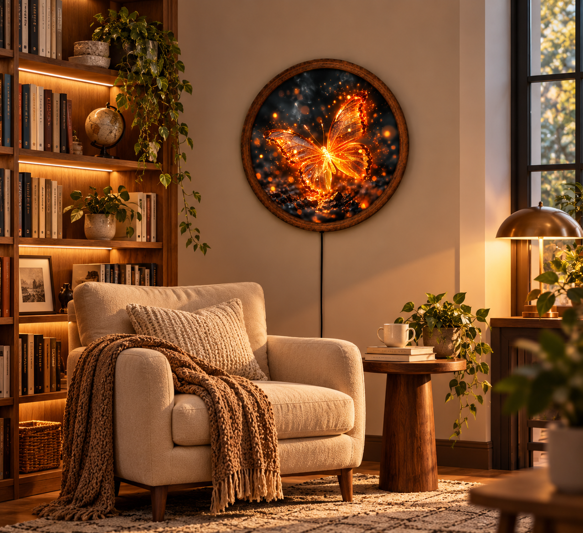 Glowing Butterfly LED Wall Art, Golden Butterfly Wall Light, Round Illuminated Butterfly Decor, Fantasy Bedroom Living Room Art