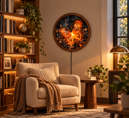 Glowing Butterfly LED Wall Art, Golden Butterfly Wall Light, Round Illuminated Butterfly Decor, Fantasy Bedroom Living Room Art
