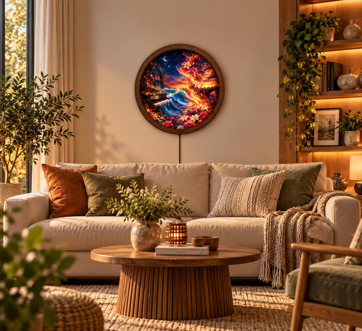 Fantasy Floral LED Wall Art, Glowing Piano Ocean Wave Light, Round Magical Landscape Decor, Colorful Bedroom Living Room Art