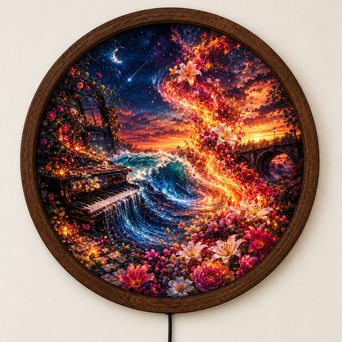 Fantasy Floral LED Wall Art, Glowing Piano Ocean Wave Light, Round Magical Landscape Decor, Colorful Bedroom Living Room Art