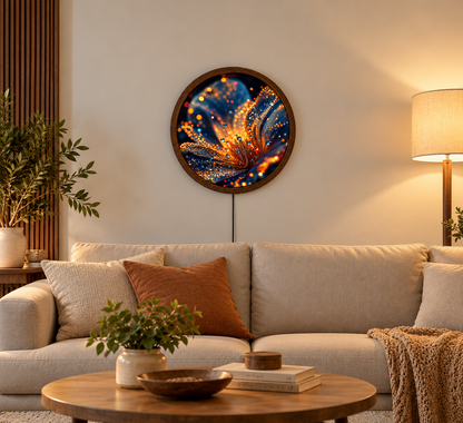 Abstract Floral LED Wall Art, Glowing Orange Blue Flower Light, Round Illuminated Wall Decor, Modern Botanical Lamp, Bedroom Gift