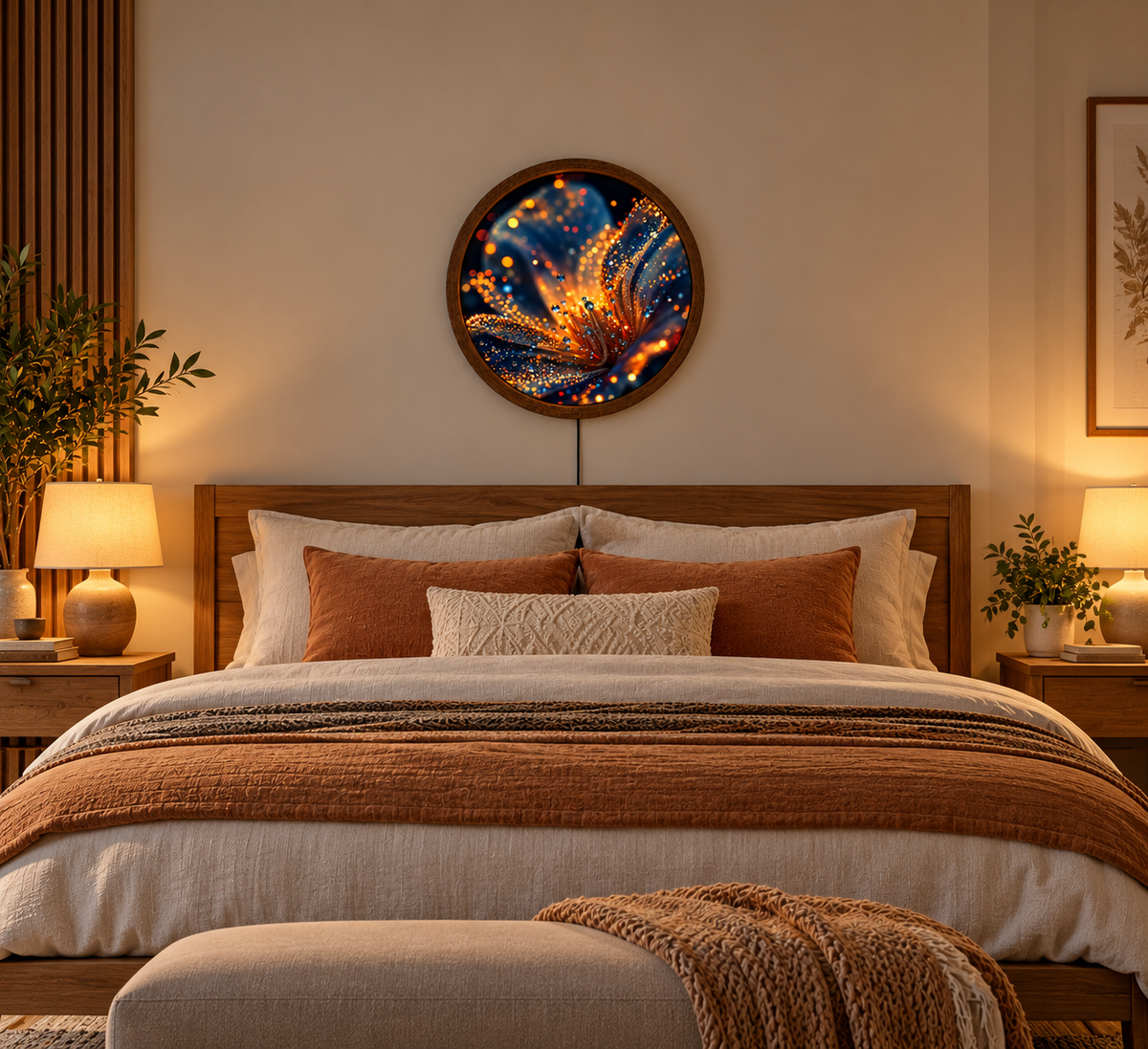 Abstract Floral LED Wall Art, Glowing Orange Blue Flower Light, Round Illuminated Wall Decor, Modern Botanical Lamp, Bedroom Gift
