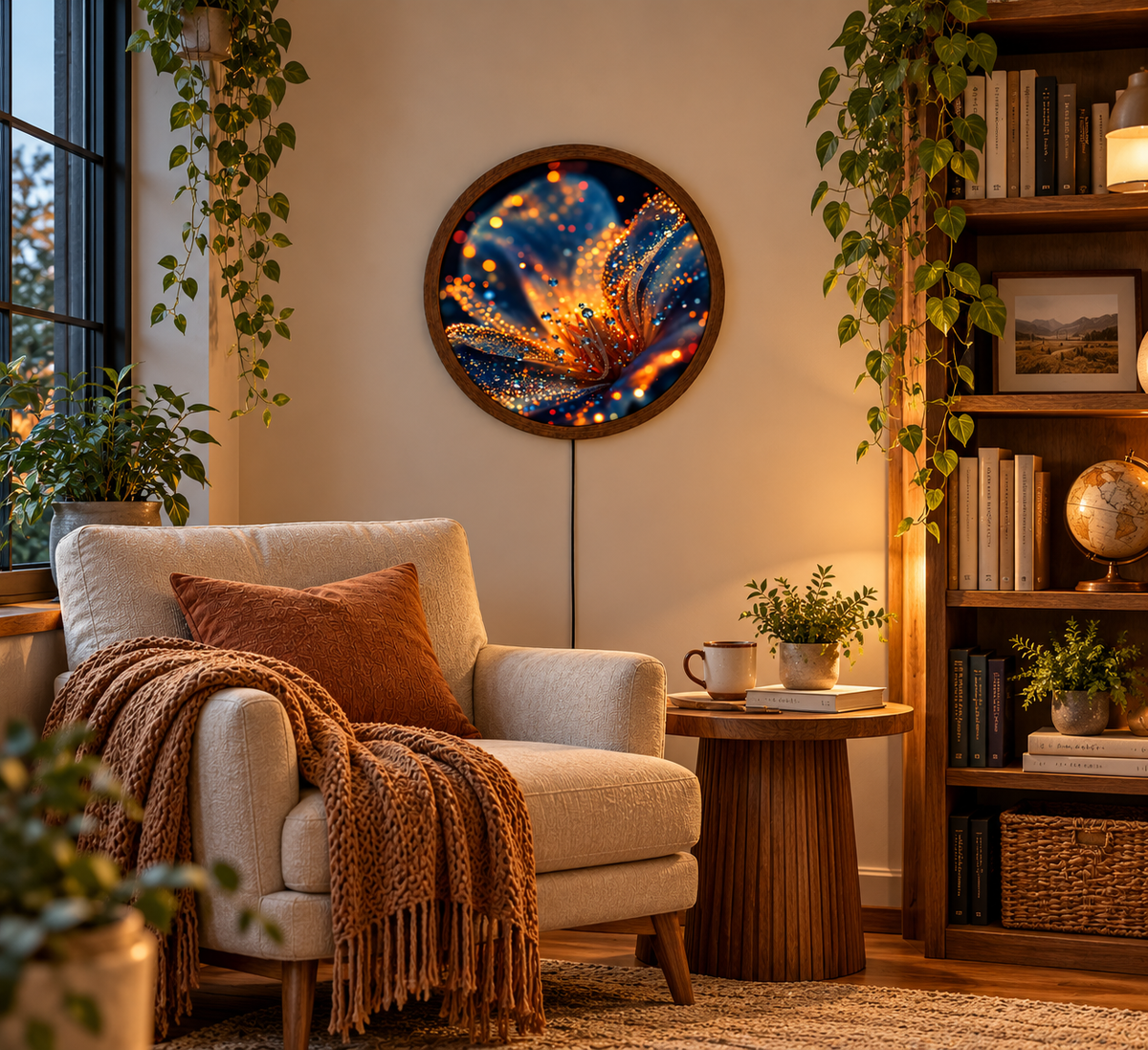 Abstract Floral LED Wall Art, Glowing Orange Blue Flower Light, Round Illuminated Wall Decor, Modern Botanical Lamp, Bedroom Gift