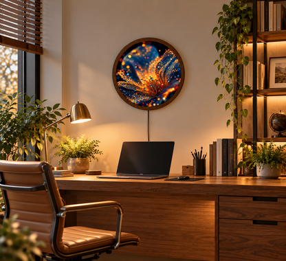 Abstract Floral LED Wall Art, Glowing Orange Blue Flower Light, Round Illuminated Wall Decor, Modern Botanical Lamp, Bedroom Gift