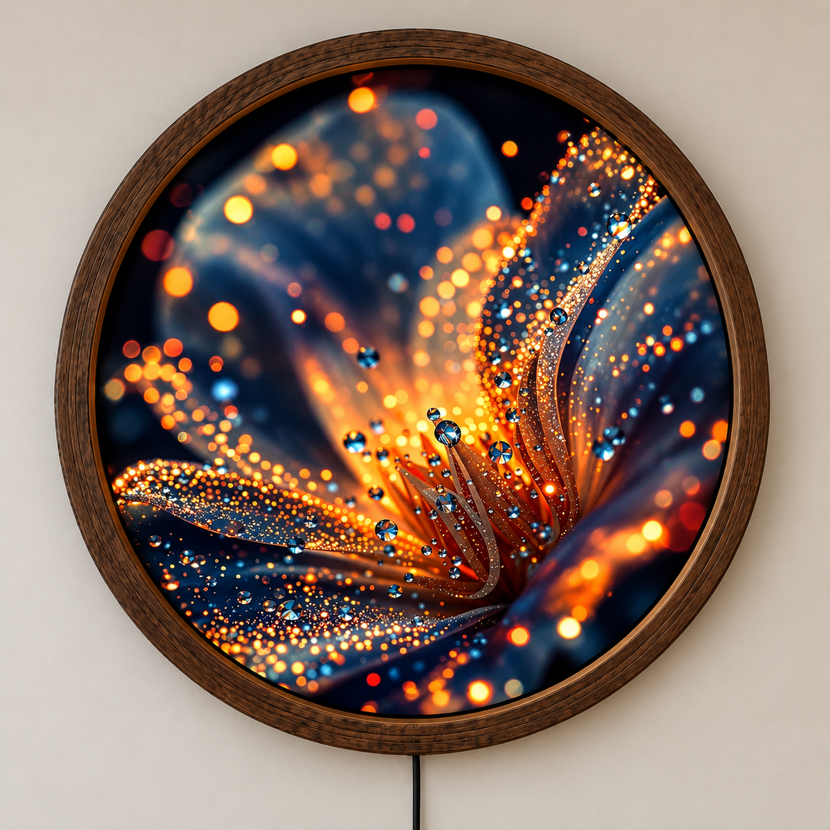 Abstract Floral LED Wall Art, Glowing Orange Blue Flower Light, Round Illuminated Wall Decor, Modern Botanical Lamp, Bedroom Gift