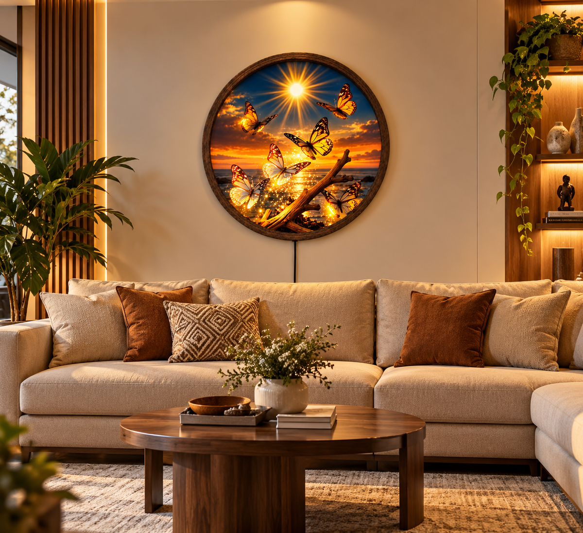 Butterfly Sunset LED Wall Art, Glowing Monarch Butterfly Light, Round Illuminated Ocean Wall Decor, Nature Bedroom Living Room Gift