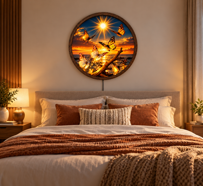 Butterfly Sunset LED Wall Art, Glowing Monarch Butterfly Light, Round Illuminated Ocean Wall Decor, Nature Bedroom Living Room Gift