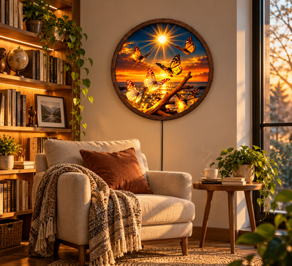 Butterfly Sunset LED Wall Art, Glowing Monarch Butterfly Light, Round Illuminated Ocean Wall Decor, Nature Bedroom Living Room Gift