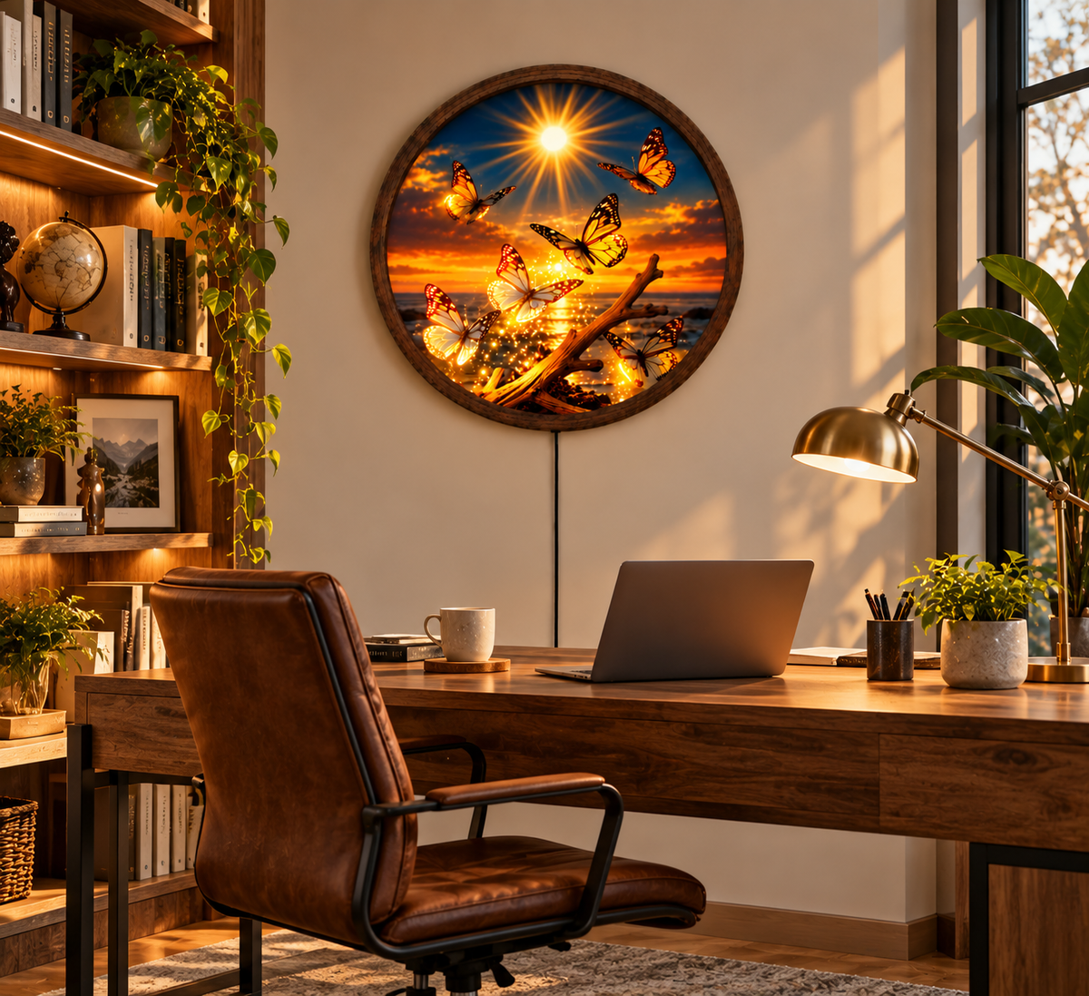 Butterfly Sunset LED Wall Art, Glowing Monarch Butterfly Light, Round Illuminated Ocean Wall Decor, Nature Bedroom Living Room Gift