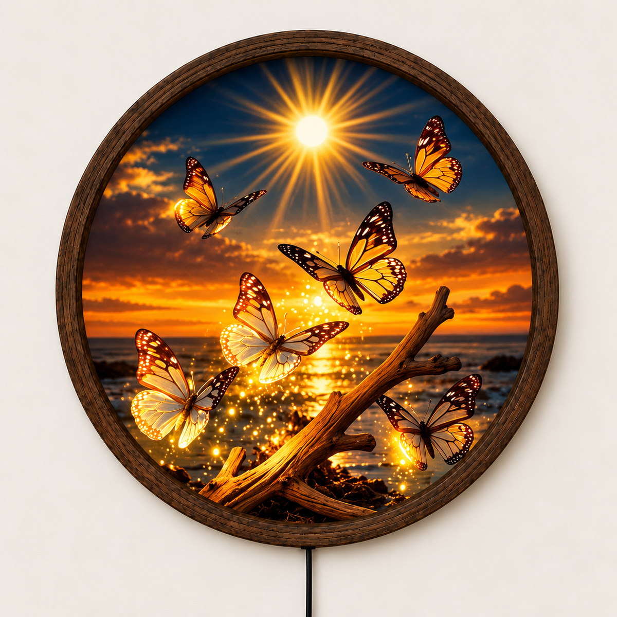 Butterfly Sunset LED Wall Art, Glowing Monarch Butterfly Light, Round Illuminated Ocean Wall Decor, Nature Bedroom Living Room Gift
