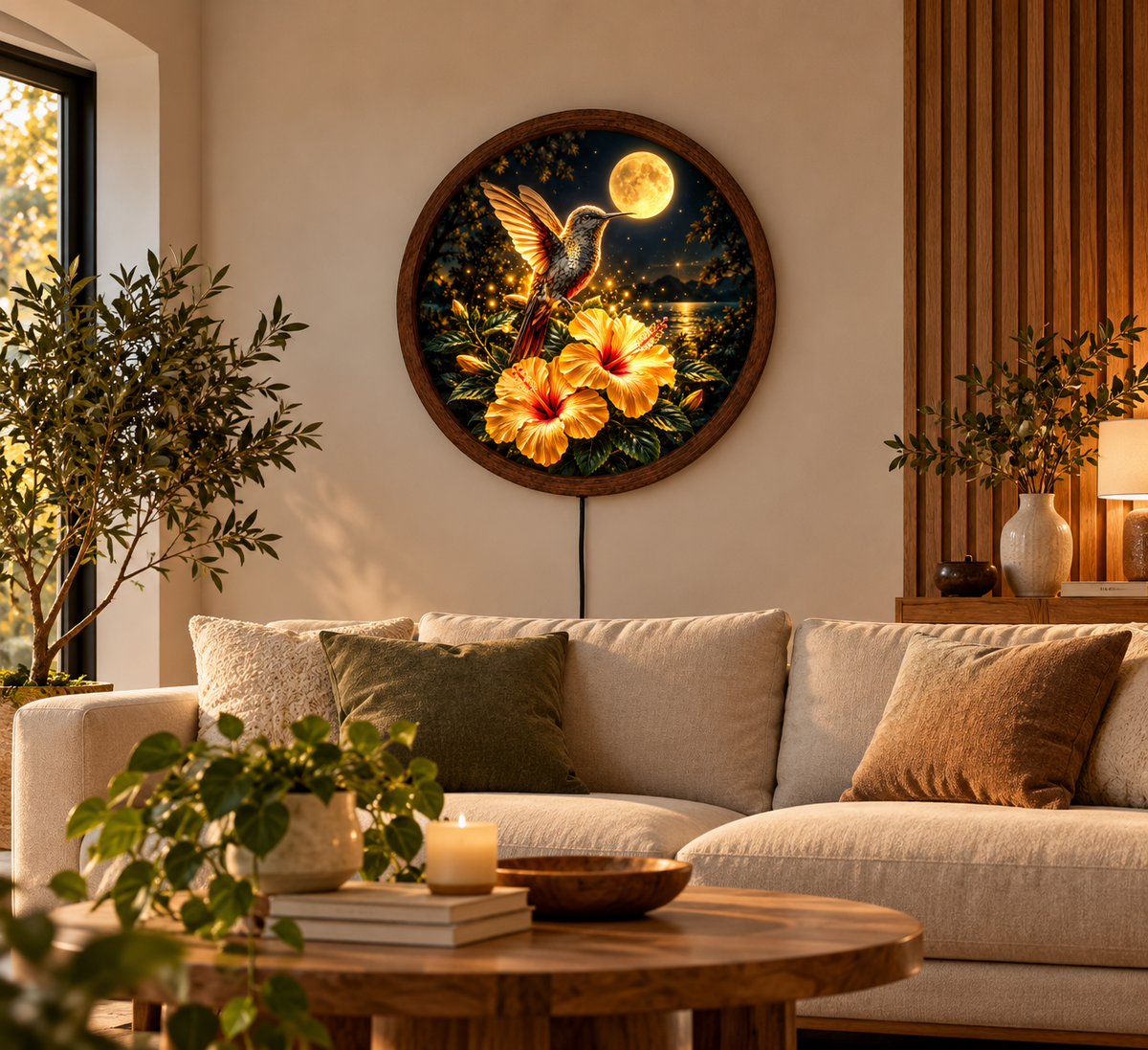 Hummingbird LED Wall Art, Glowing Hibiscus Flower Light, Moonlit Tropical Bird Decor, Round Illuminated Wall Lamp, Bedroom Gift