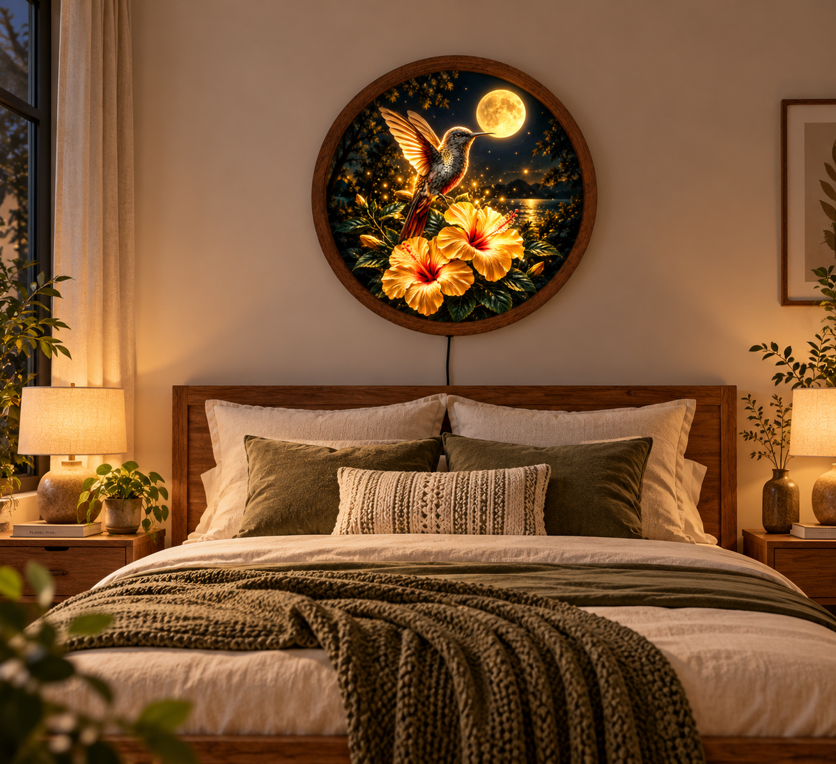 Hummingbird LED Wall Art, Glowing Hibiscus Flower Light, Moonlit Tropical Bird Decor, Round Illuminated Wall Lamp, Bedroom Gift