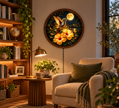 Hummingbird LED Wall Art, Glowing Hibiscus Flower Light, Moonlit Tropical Bird Decor, Round Illuminated Wall Lamp, Bedroom Gift