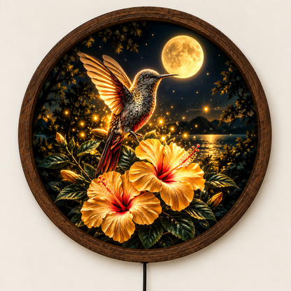 Hummingbird LED Wall Art, Glowing Hibiscus Flower Light, Moonlit Tropical Bird Decor, Round Illuminated Wall Lamp, Bedroom Gift