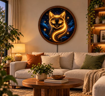 Glowing Cat LED Wall Art, Golden Celestial Cat Light, Round Illuminated Galaxy Wall Decor, Magical Starry Night Bedroom Lamp
