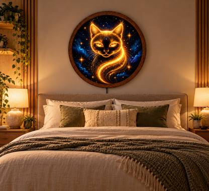 Glowing Cat LED Wall Art, Golden Celestial Cat Light, Round Illuminated Galaxy Wall Decor, Magical Starry Night Bedroom Lamp