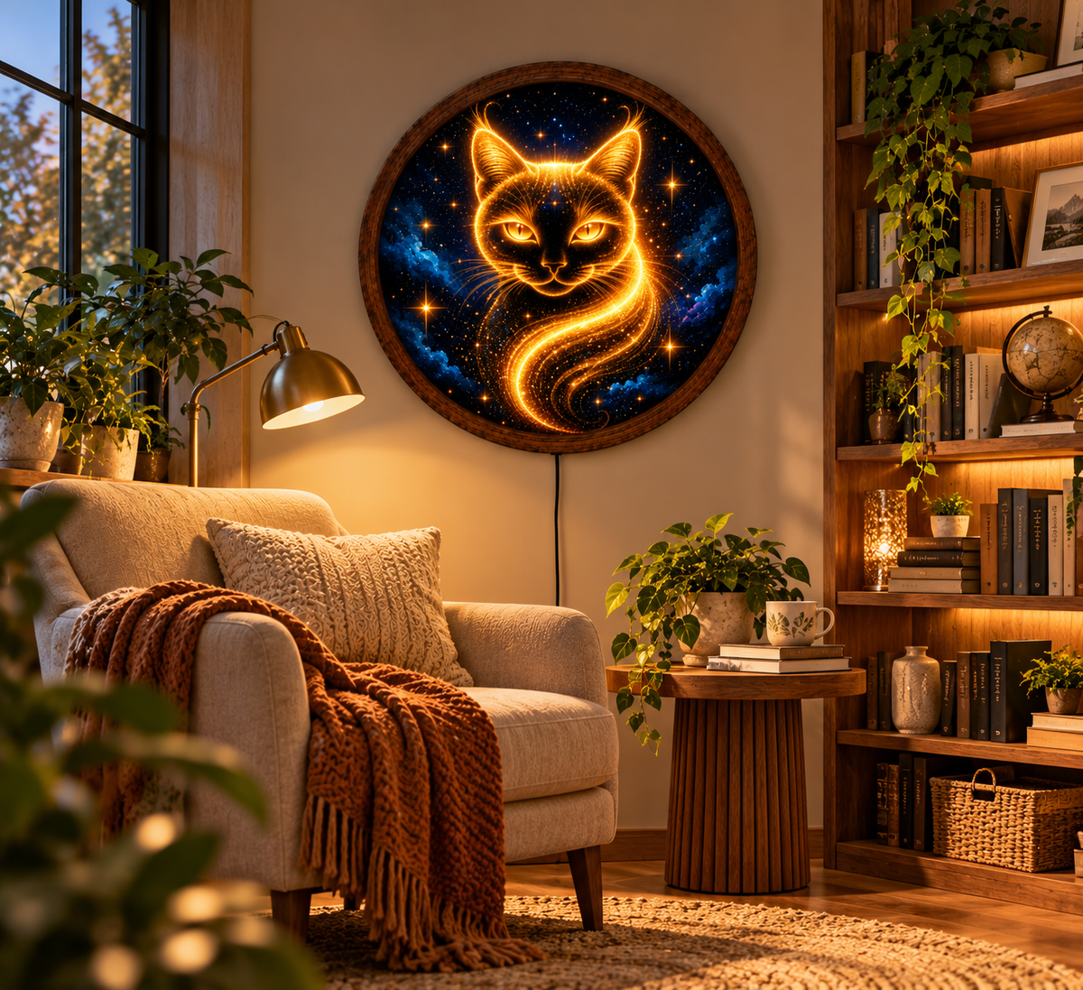 Glowing Cat LED Wall Art, Golden Celestial Cat Light, Round Illuminated Galaxy Wall Decor, Magical Starry Night Bedroom Lamp