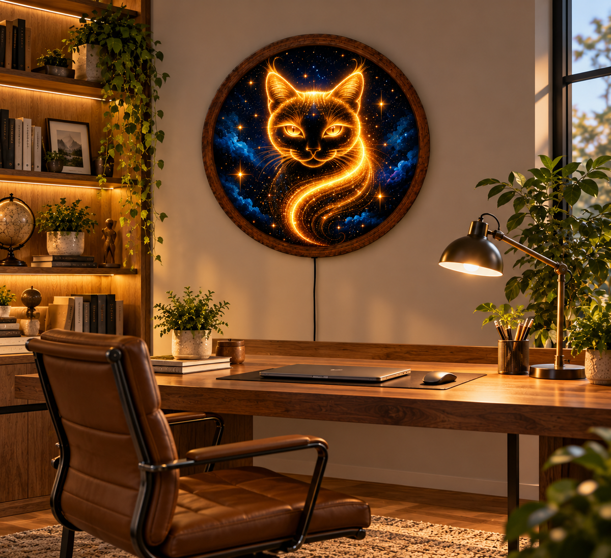 Glowing Cat LED Wall Art, Golden Celestial Cat Light, Round Illuminated Galaxy Wall Decor, Magical Starry Night Bedroom Lamp