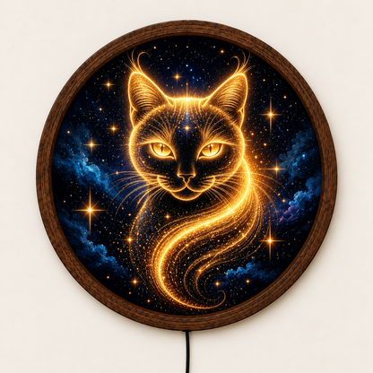 Glowing Cat LED Wall Art, Golden Celestial Cat Light, Round Illuminated Galaxy Wall Decor, Magical Starry Night Bedroom Lamp