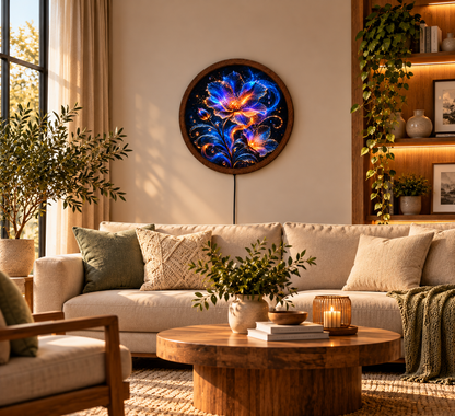 Glowing Floral LED Wall Art, Blue Orange Fantasy Flower Light, Round Illuminated Botanical Wall Decor, Bedroom Living Room Lamp
