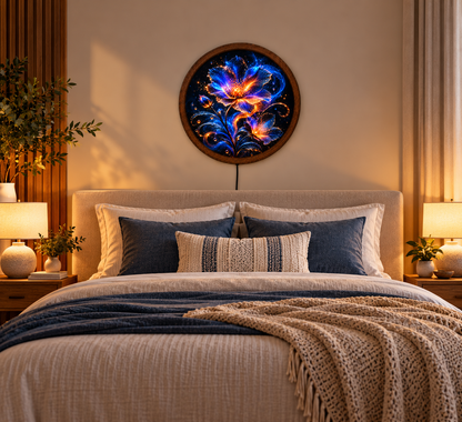 Glowing Floral LED Wall Art, Blue Orange Fantasy Flower Light, Round Illuminated Botanical Wall Decor, Bedroom Living Room Lamp